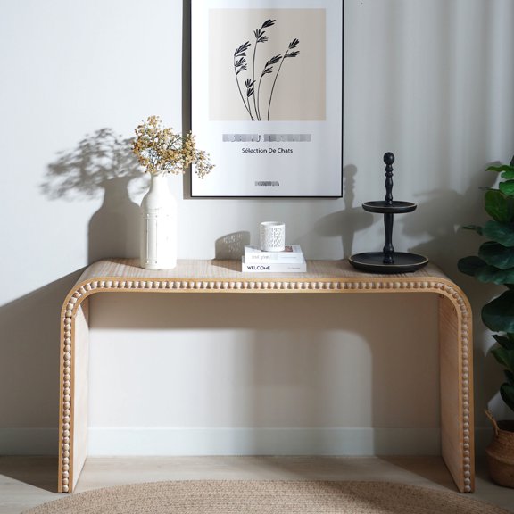 Natural Wood Entryway Table, 59in Curved Waterfall With Style Beaded Console For Entryway, Hallway, Living Area
