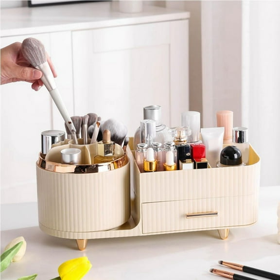 Makeup Organizer Countertop with Drawers 360 Rotating Makeup Brush Holder Capacity Skincare Organizer for Vanity