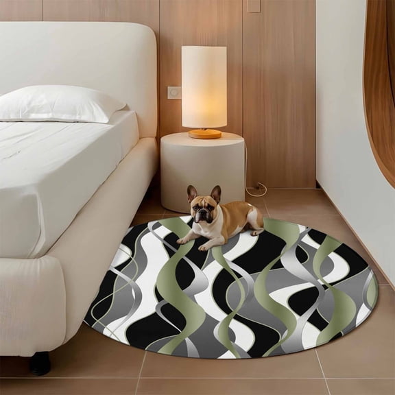 Sage Green Gray Stripes 3ft Round Rug for Bathroom Accent Bedside Corner, Abstract Art Modern Washable Non Slip Circle Area Rug for Small Spaces
