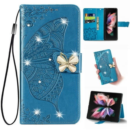 K-Lion for Samsung Galaxy Note 8 Folio Flip Case, Luxury Bling Butterfly Embossed PU Leather Wallet Case Stand Card Holder Slots Shockproof Glossy Phone Cover with Wrist Strap ,Blue