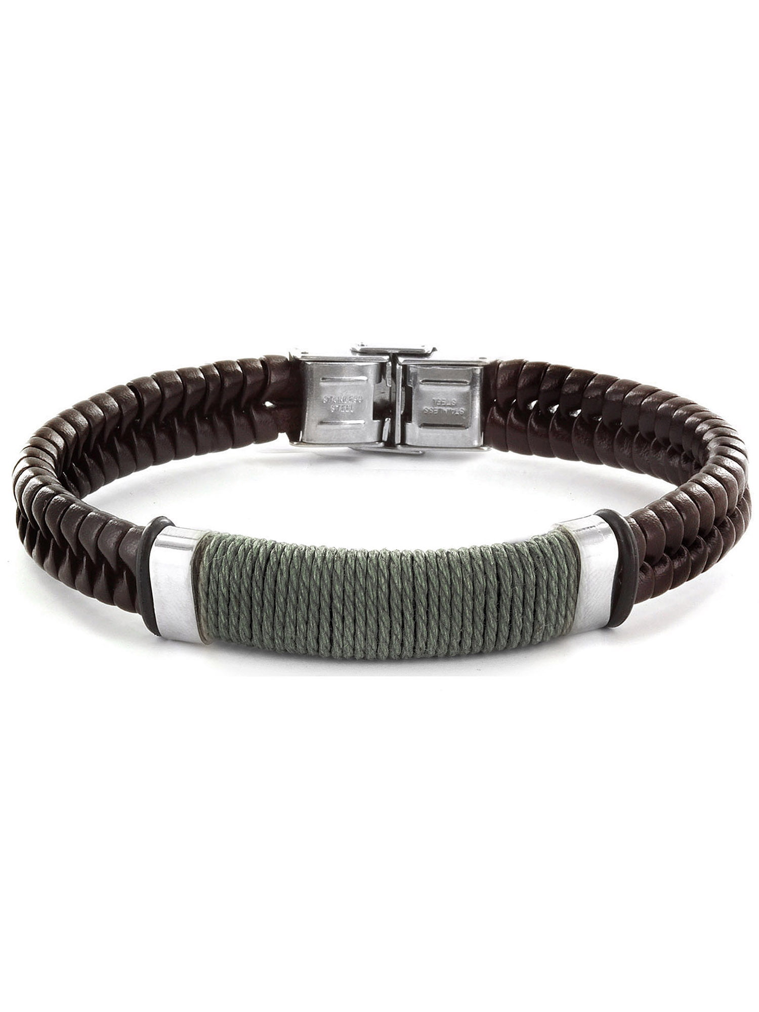 Steel Brown  Braided Leather Wrist Round Bracelet 7.5'' 
