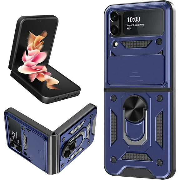 FIEWESEY for Samsung Galaxy Z Flip 4 Case,with Slide Lens Cover,Shockproof Full Body Protective Phone Cover Built-in Rotatable Magnetic Ring Kickstand for Samsung Galaxy Z Flip 4 5G (Blue)