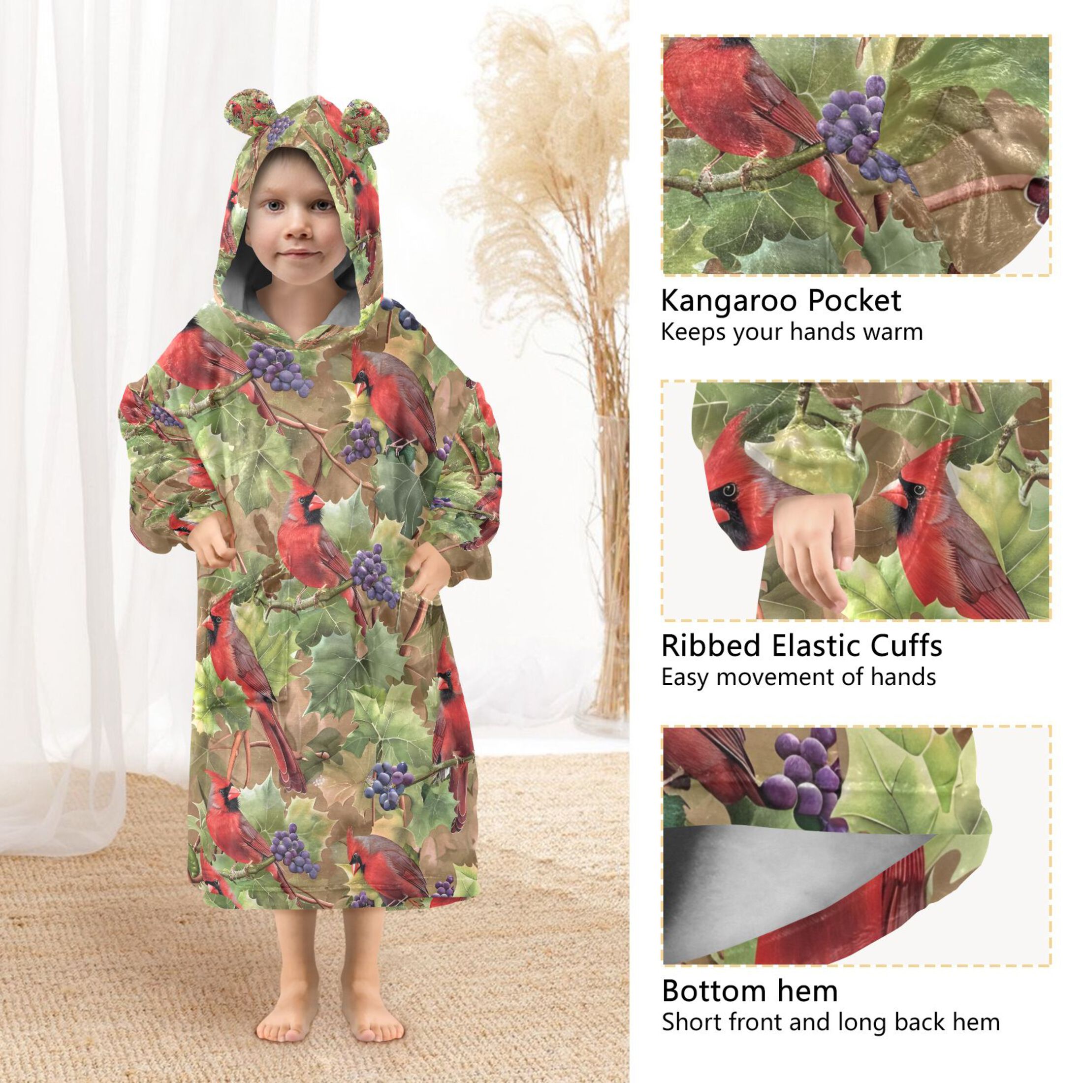 joogoo Wearable Blanket Hoodie for Cardinal and Grapes Flannel Sherpa Pocket 3-14 YR S