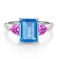 thumbnail image 2 of Gem Stone King 10K White Gold Swiss Blue Topaz and Pink Created Sapphire 3 Stone Engagement Ring for Women (3.10 Cttw, Emerald Cut 9X7MM, Gemstone November Birthstone, Size 7), 2 of 4