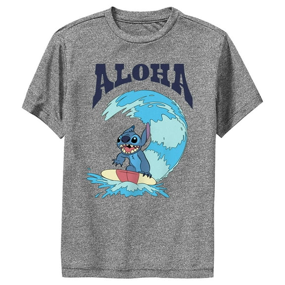 Boy's Lilo & Stitch Aloha Wave Stitch  Performance Graphic Tee Charcoal Heather X Large