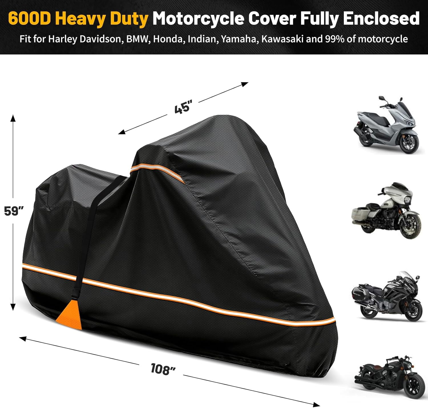 Full Enclosed Motorcycle Cover, 600D Heavy Duty Waterproof Motorcycle Cover 108 Inch, Fits for Harley Honda Yamaha Suzuki Scooter, Dirtbike, Cruiser, Touring Models, Black