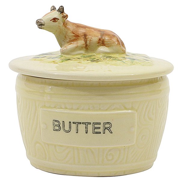 Creative Coop DA4916 Round Vintage Reproduction Stoneware Butter Dish with Cow, Multicolor