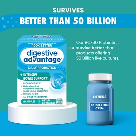 Digestive Advantage Intensive Bowel Support Probiotics For Women And Men, Digestive Enzymes For Gut Health, 32 Capsules