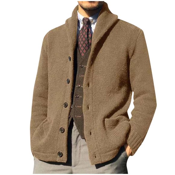 Chandail Col Roulé Marron pour Homme Manches Longues Crochet Tricot Torsadé Basique Hiver Automne Bouton 2025 Doux Confortable Concert Campagne Y2K m