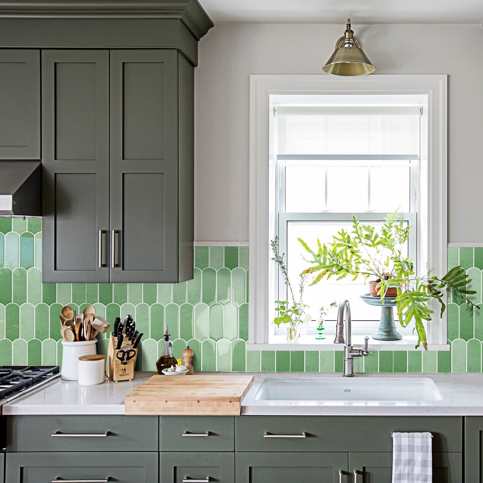 DEWOO 10-Sheet Upgraded Thicker Peel and Stick Kitchen Backsplash Tiles,Waterproof Self-Adhesive Vinyl Wall Tile Fish Scale Mosaic Design,for Bathroom,Fireplace and RV(Light Green,12"×12")
