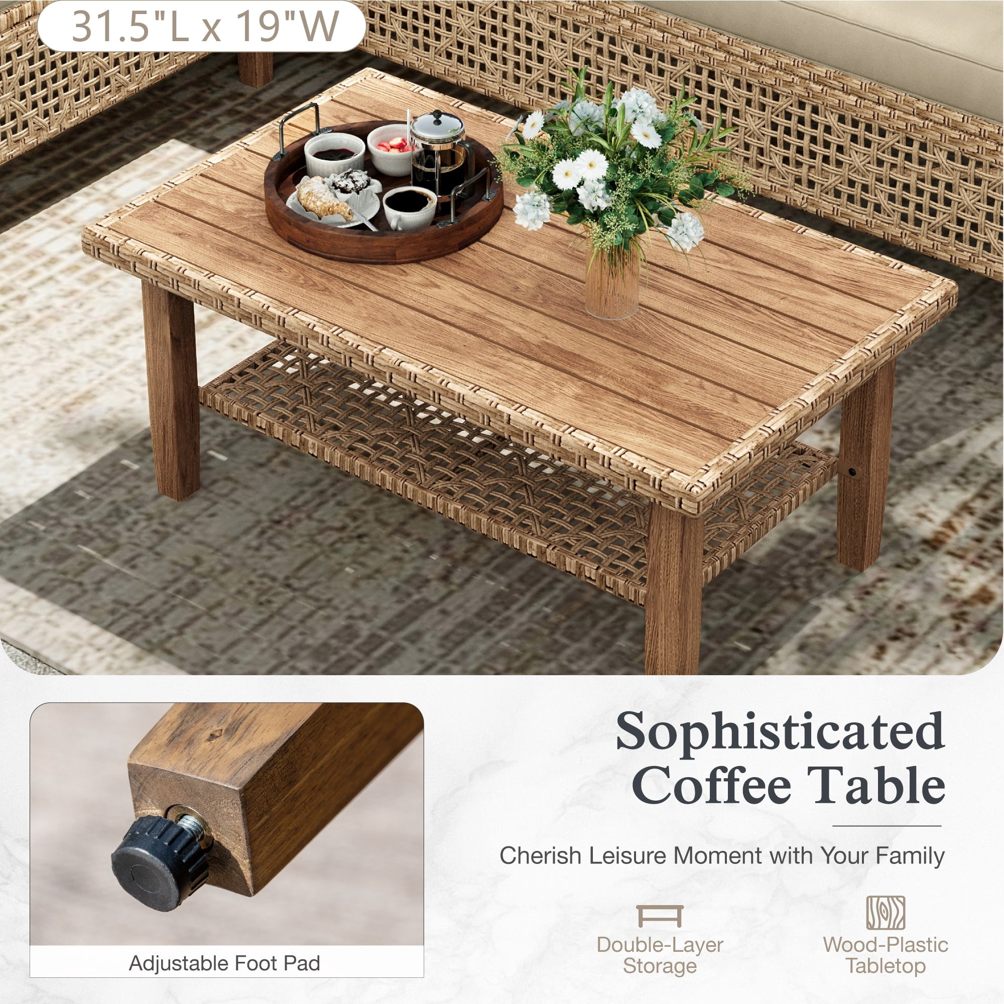 Alpha Joy 3 Pieces Wicker Patio Furniture Conversation Set Boho Style Outdoor Sofa with Wood Coffee Table