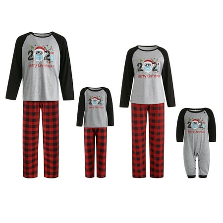 

Qiylii Christmas Family Matching Letter Print O-Neck Long Sleeve Tops+ Plaid Trousers