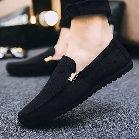 Men's Slip-On Loafers - Breathable Slip-Resistant Sole, Semi-Formal Slip-Resistant Shoes for Hiking, Office, Daily Wear & All-Season Comfort, Round Toe Design with Golden-Tone Accent - Casual