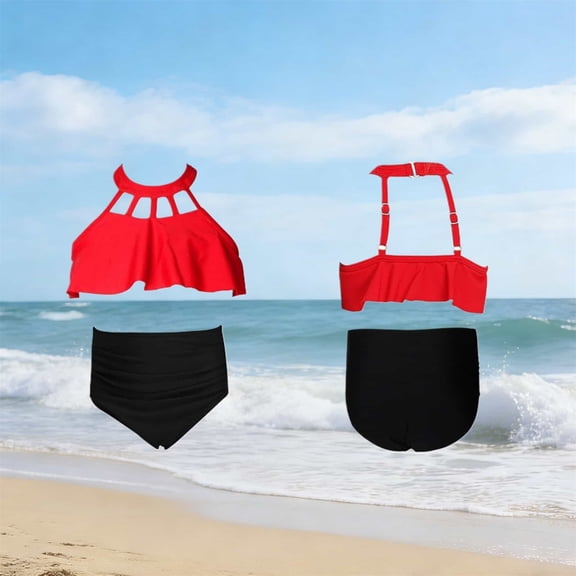 CUZIBR Baby Girls Two Piece Swimwear Fashionable Solid Color Cros Strap Off The Shoulder Ruffled Tiered Tie Back Crop Top High Waist Bottom Tankini Swimsuit Comfortable Beachwear,Black,2-3 Years