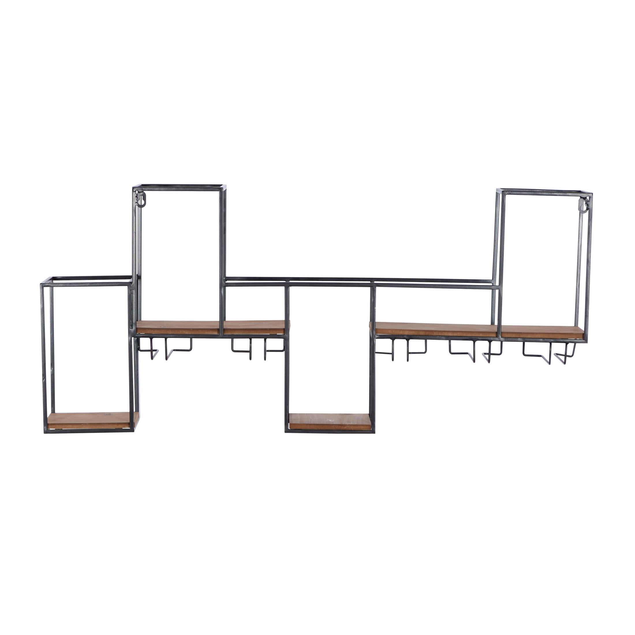 DecMode 36" x 16" Black Metal Geometric 7 Bottle Wall Wine Rack with 5 Glass Holder Slots, 1-Piece