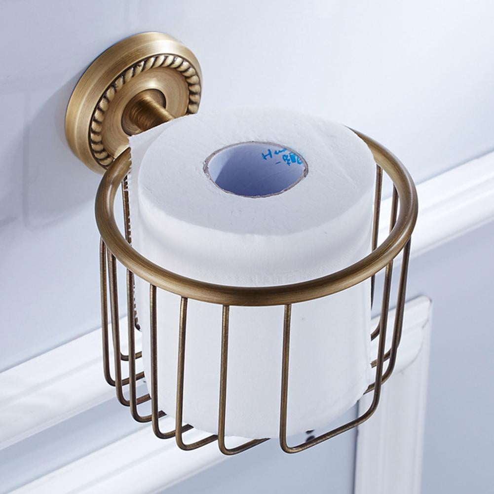 Vintage Bronze Wall Mounted Toilet Paper Holder Antique Brass Bathroom Accessories Tissue Dispenser with Stable Metal Stand, Wire Basket Storage Rack - for Roll with Diameter
