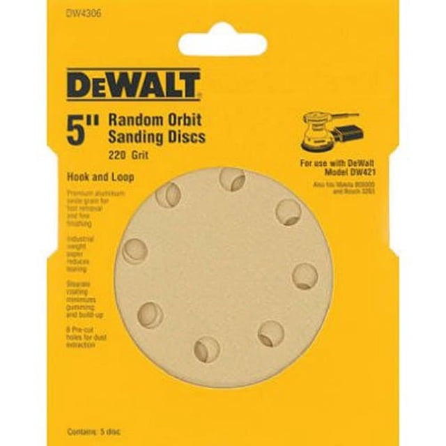 Papel de lija DEWALT DW4306, grano 220, 5 pulgadas, 8 orificios, gancho y bucle