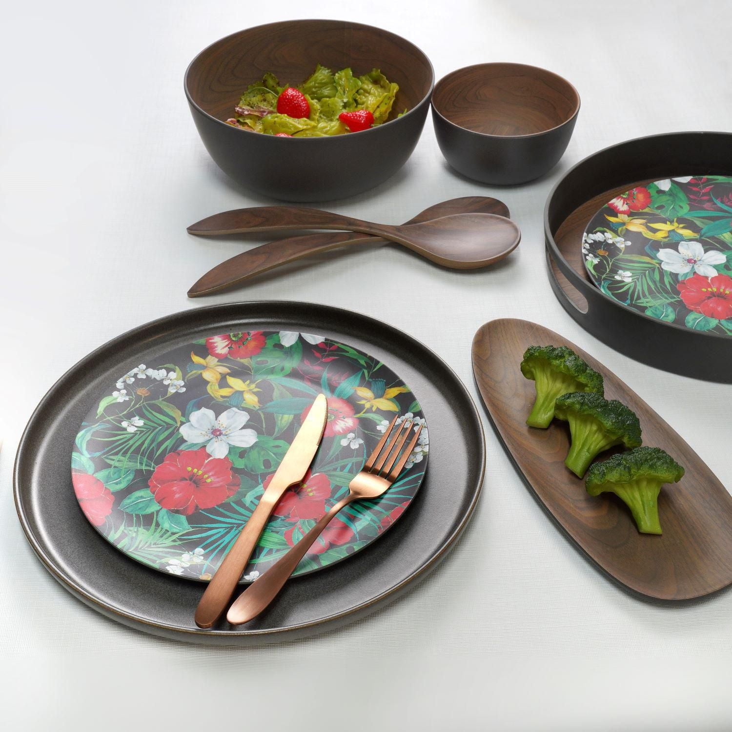 Bamboo Walnut Floral Plate 20 cm, Set of 4