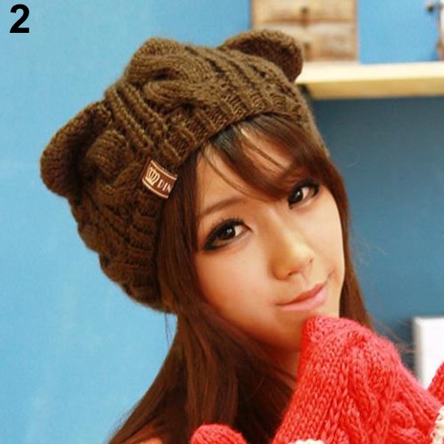 Ayyufe Women's Winter Knit Crochet Braided Cat Ears Beret Beanie Ski Knitted Hat Cap
