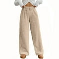 thumbnail image 2 of Women's Fuzzy Lounge Pants Comfy Warm Fleece Pajama Long Pants Drawstring Elastic Waist Wide Leg Bottoms Beige L, 2 of 7
