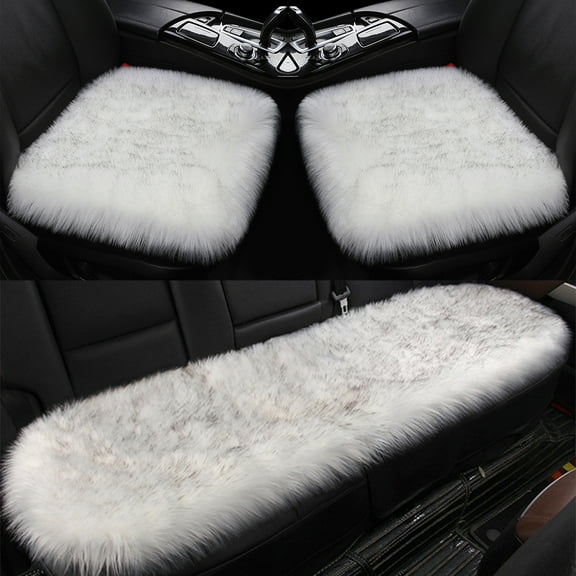 Luxury Long Wool Car Seat Cover Full Set - White with Gray Tips, 3 pcs Front & Back Protector Pad Soft Sheepskin Seat Cushion Fur Winter Mat Universal Fit