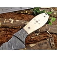 thumbnail image 3 of 9" Long hand forged Damascus steel full tang skinning Knife with gut hook, Camel bone with Damascus Bolster, Cow hide Leather sheath, 3 of 6