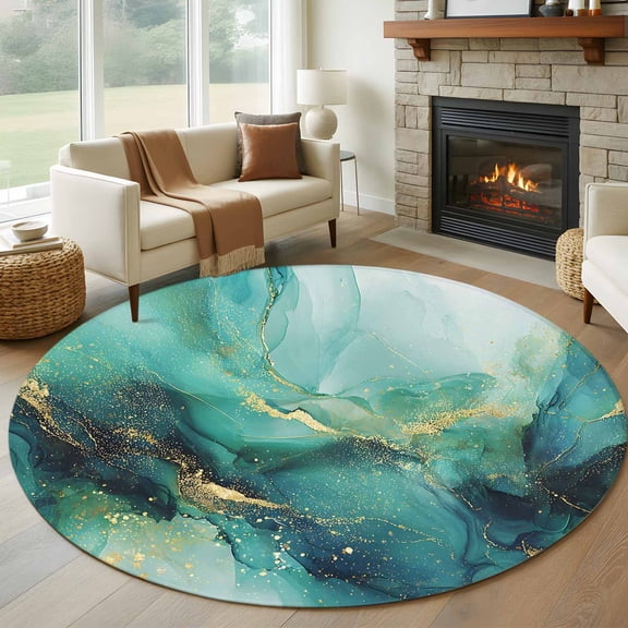 Turquoise Marble Round Area Rug 5Ft Washable Circle Rugs for Living Room Bedroom, Ink Painting Modern Abstract Aesthetics Non-Slip Carpet Floor Mats Indoor Outdoor Carpet Runner Aesthetic Home Decor