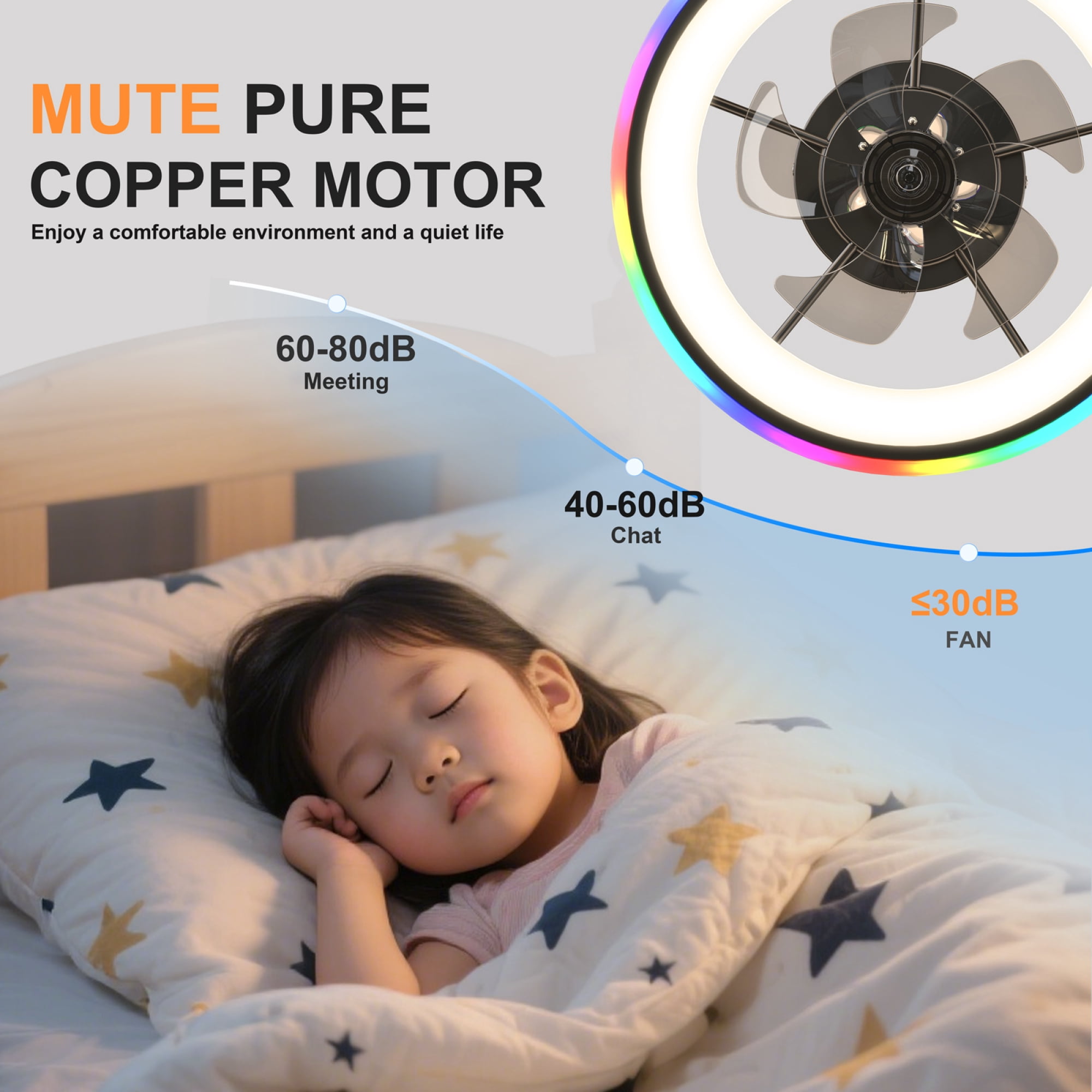 Leumius 19.7" Modern RGB Ceiling Fan with Lights, Flush Mount Low Profile Fan with Remote & APP, 6-Speed Reversible Silent DC Motor, Dimmable 3000-6500K LED for Bedroom Living Room Black