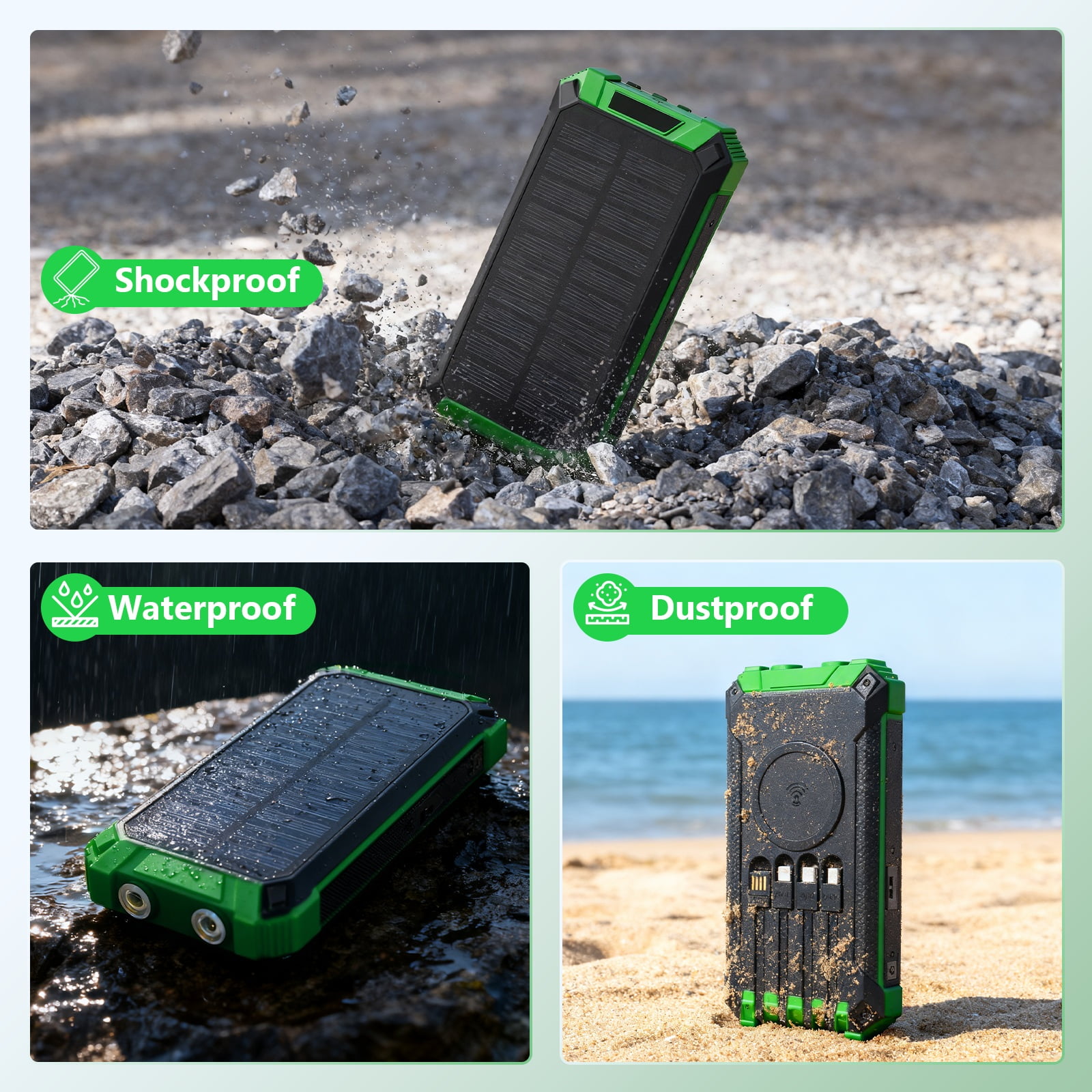 CATGOOD 20000mAh Solar Power Bank, 22.5W Fast Charging Portable Charger with 4 Built-in Cables & 10W Wireless Charging, Travel Battery Pack with Camping Flashlight(Green)