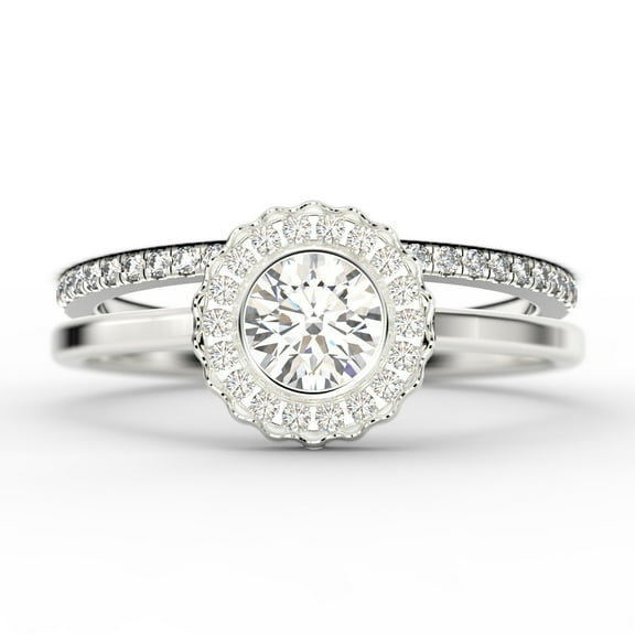 Beautiful 1.60 Carat Round Diamond Moissanite Engagement Ring, Floral Halo Wedding Ring, One Matching Band in 18k White Gold Plating, Bridal Rings, Gift For Her, Promise Ring