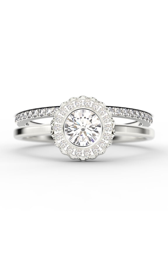 Beautiful Boho & hippie 1.60 Carat Round Cut Antique Diamond Moissanite Engagement Ring, Floral Halo Wedding Ring, One Matching Band in 10k Solid White Gold, Bridal Rings, Gift For Her