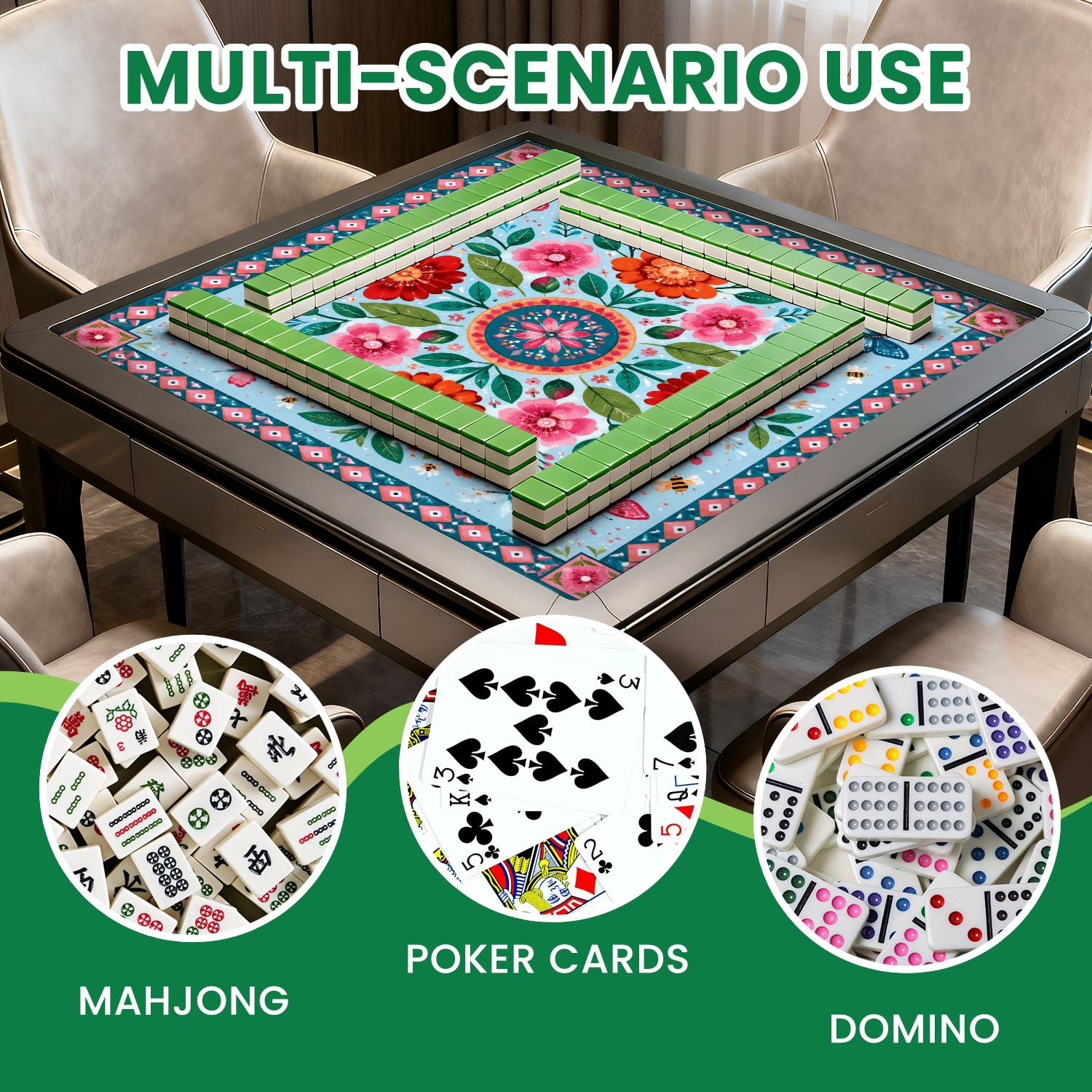 Mahjong Mat 31.5" x 31.5" Floral Mandala Red Yellow Flowers Blue Non-Slip Noise Reduction Mahjong Tiles Table Cover for Dominoes Poker Card Board and Tile Games