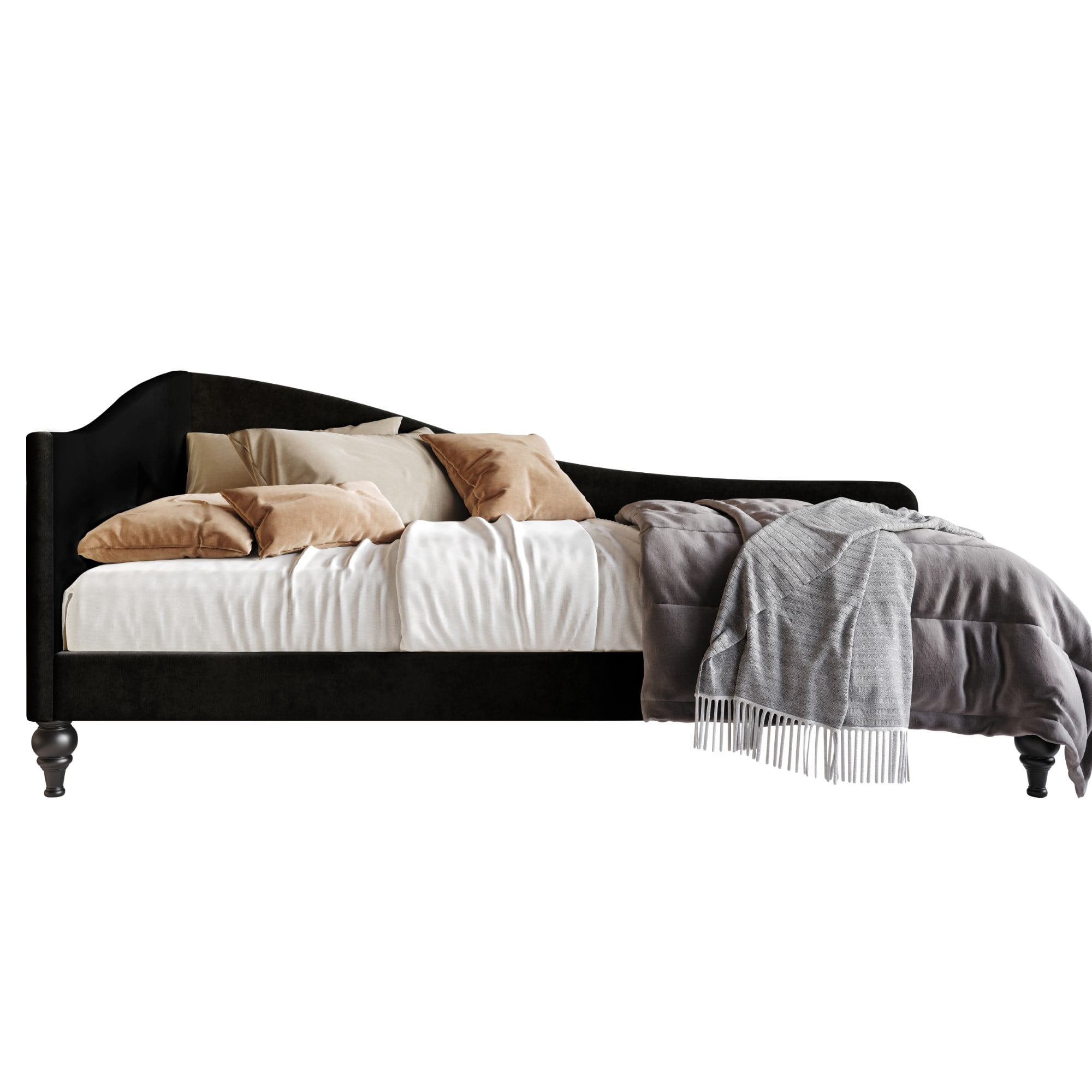 Home Design Ozark Twin Daybed with Upholstered Frame, Single Arm, High-Low Curved Back, Turned Tapered Legs, Stylish Seating and Sleeping, Black