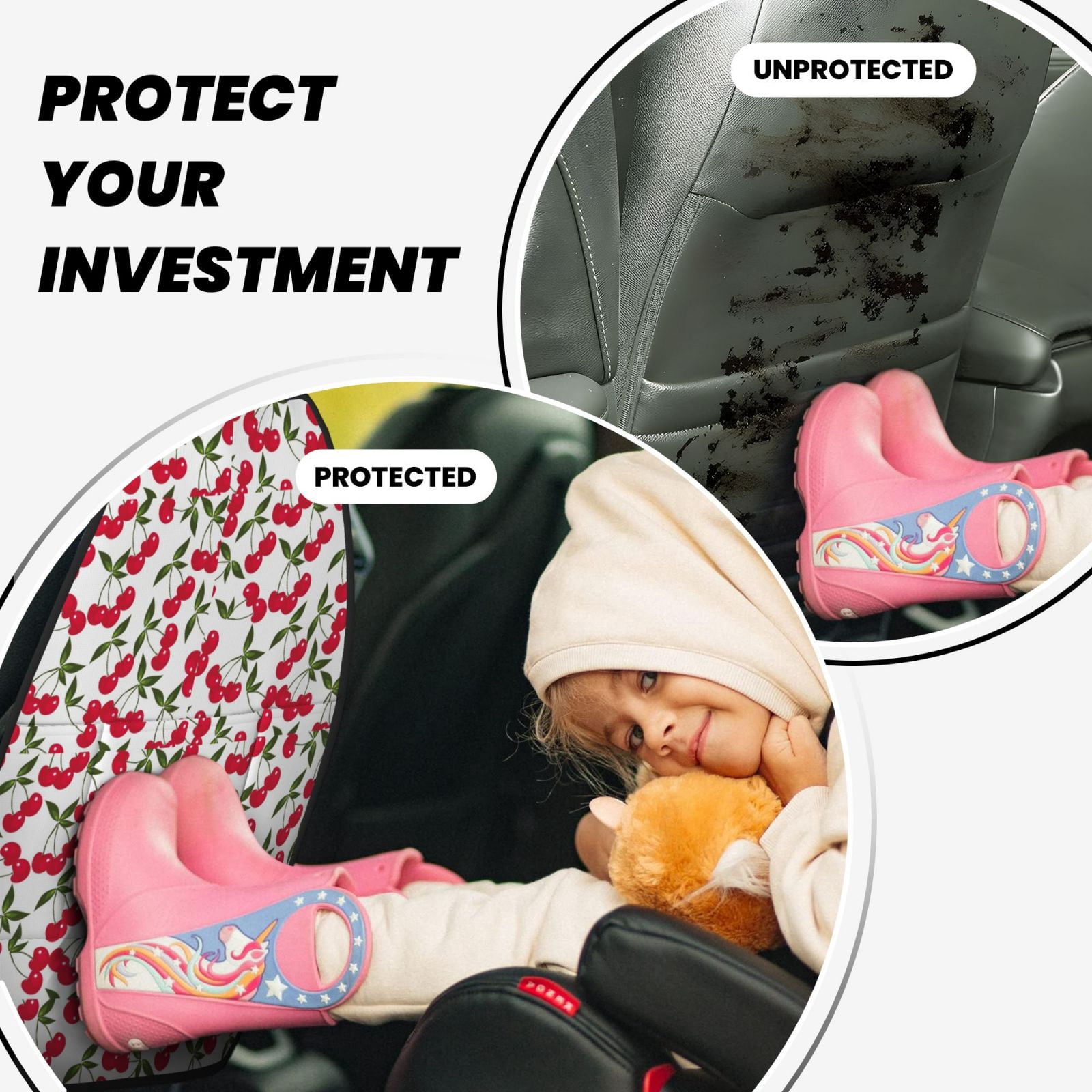 Kdxio Cherry_1 Print 2 Pack Car Kick Mat Seat Cover Back Protector Mat with Pockets for Organizer Backseat Protector and Storage Anti Kick Pad for Vehicles