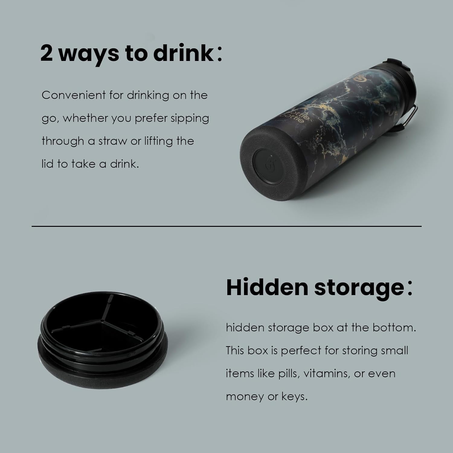 BOTTLE BOTTLE 24 oz sports water bottle stainless steel insulated water bottle with straw and pills holder black stone