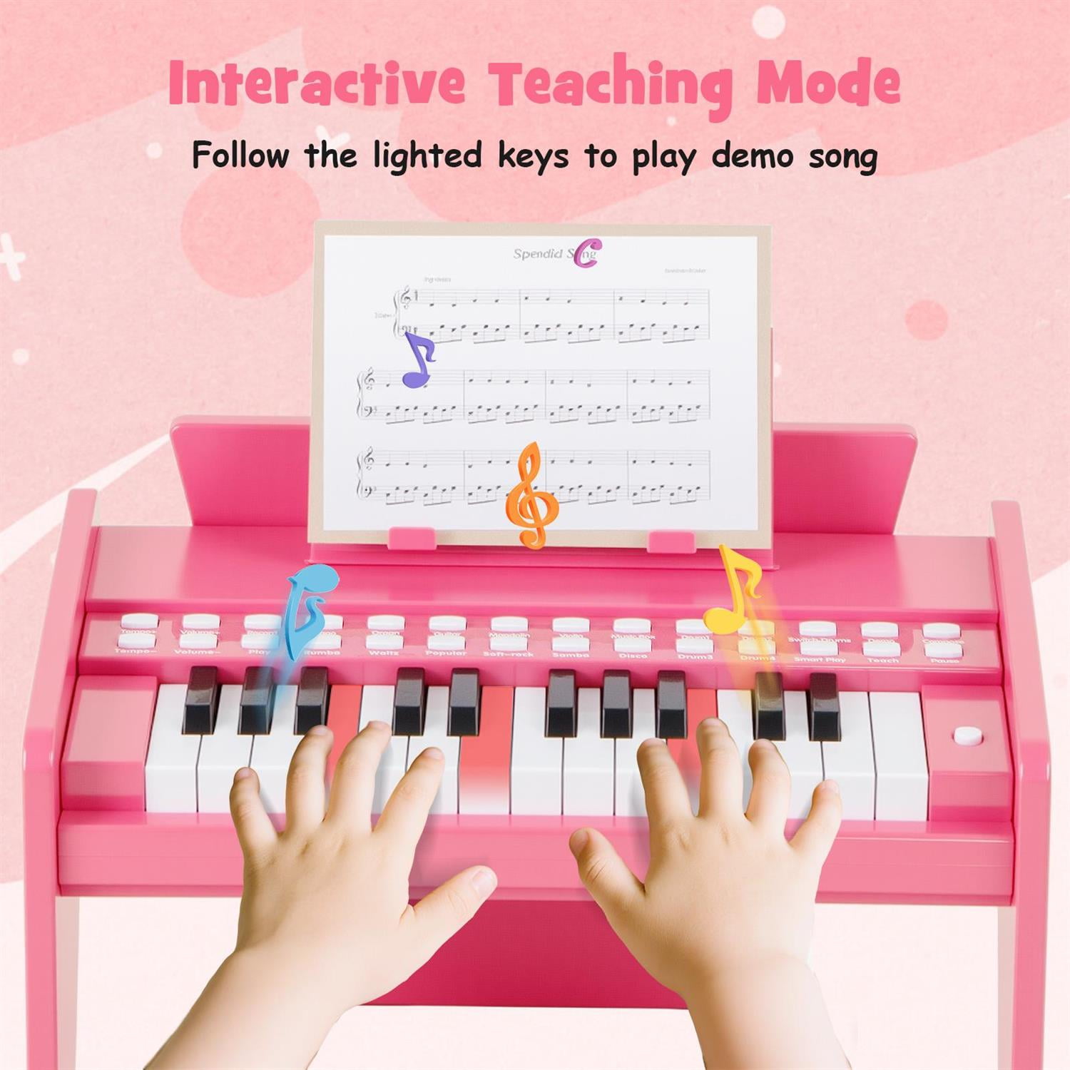Spaco 25-Key Piano Keyboard, Non-Slip Foot Pads, Adjustable Speed & Volume, Pink