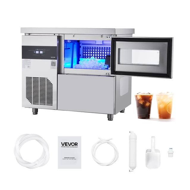 VEVOR Commercial Ice Maker Machine, 132 lbs/24H Stainless Steel Ice Machine with Worktop, 30 lbs Storage & 70 Cubes/Cycle