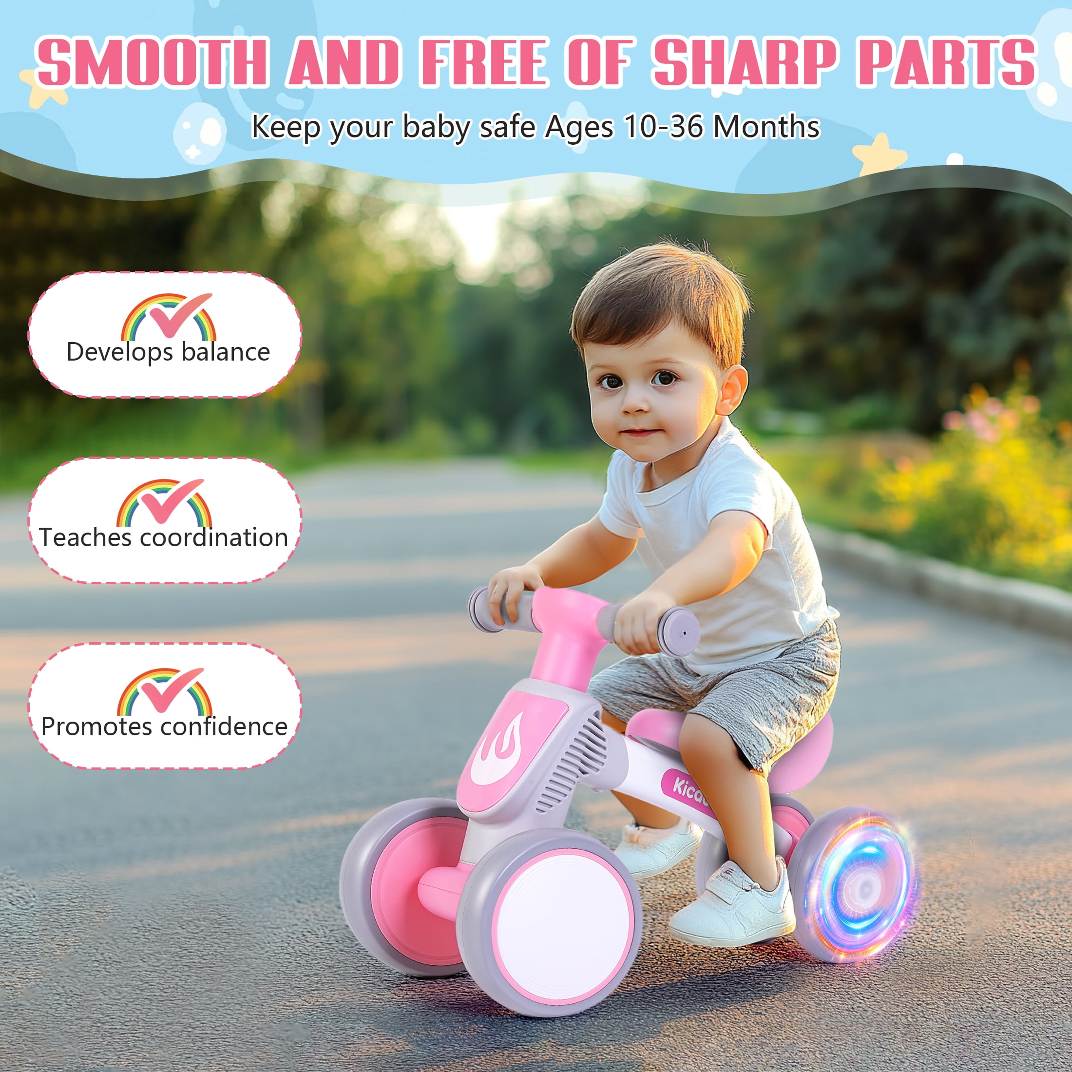 Kicacooc Toddler Balance Bike for 1 Year Old Boys Girls, Baby Balance Bike with No Pedal 4 Silence Wheels & Soft Seat First Bike, 12-24 Month Toddler Balance Bike, Pink