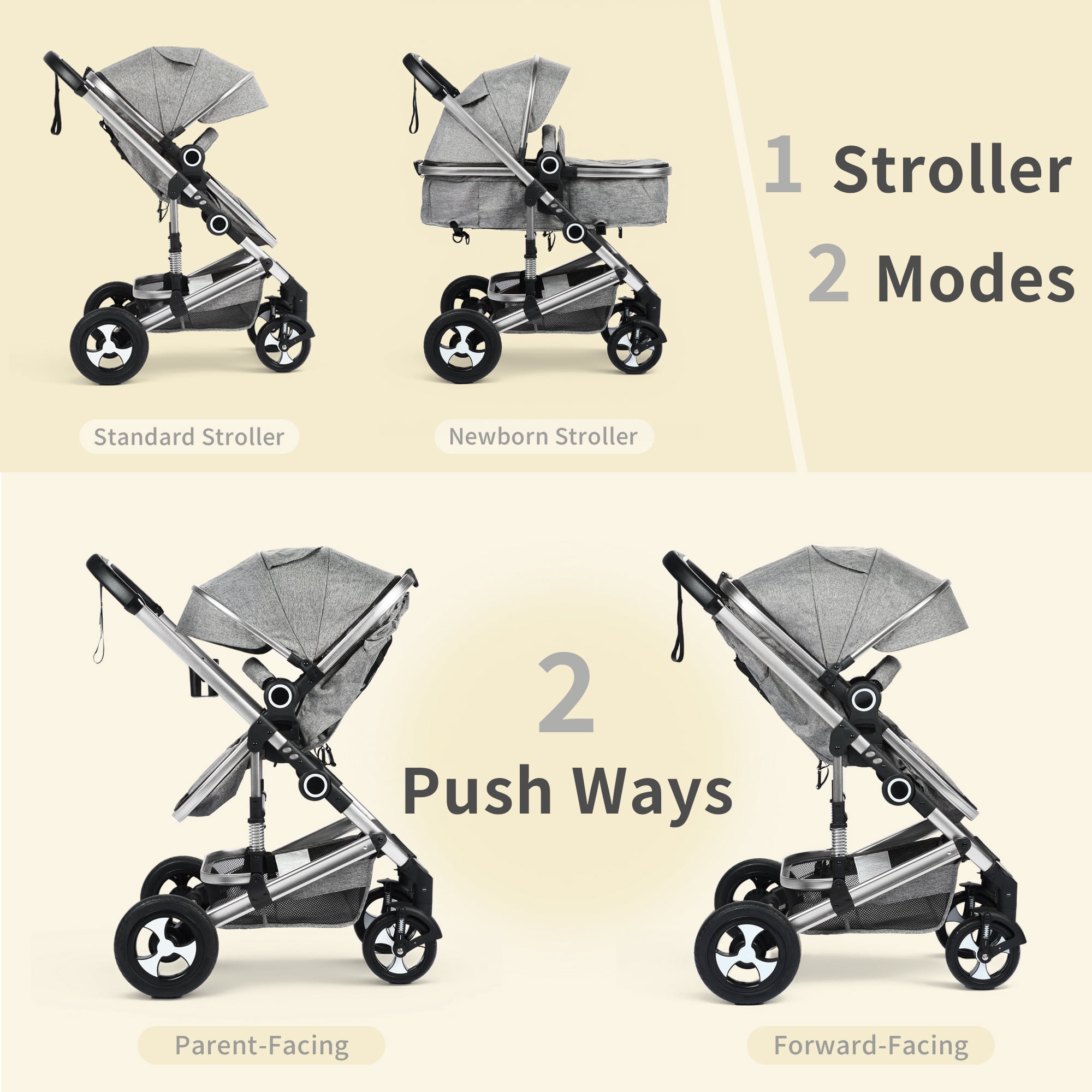 AILEEKISS 3-in-1 Convertible Baby Stroller with Big Seat and Adjustable Canopy, 24 Pounds, Dark Grey