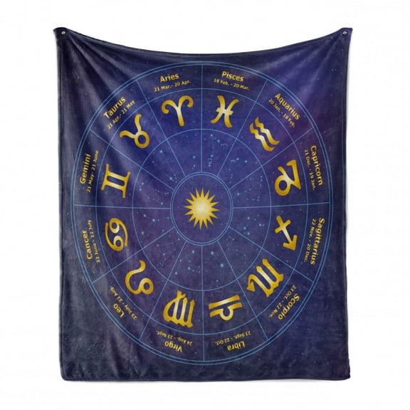 Astrology Soft Flannel Fleece Blanket, Horoscope Zodiac Signs with Birth Dates in Circle with Star Dots Print, Cozy Plush for Indoor and Outdoor Use, 60" x 80", Royal Blue and Yellow, by Ambesonne
