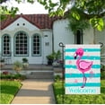 thumbnail image 2 of Flamingo Welcome Summer Funny Garden Flag House Banner 28" x 40" Double Sided, Tropical Bird Flower Pink Flamingo Blue Stripe Garden Flags for Anniversary Yard Outdoor Decoration, 2 of 5