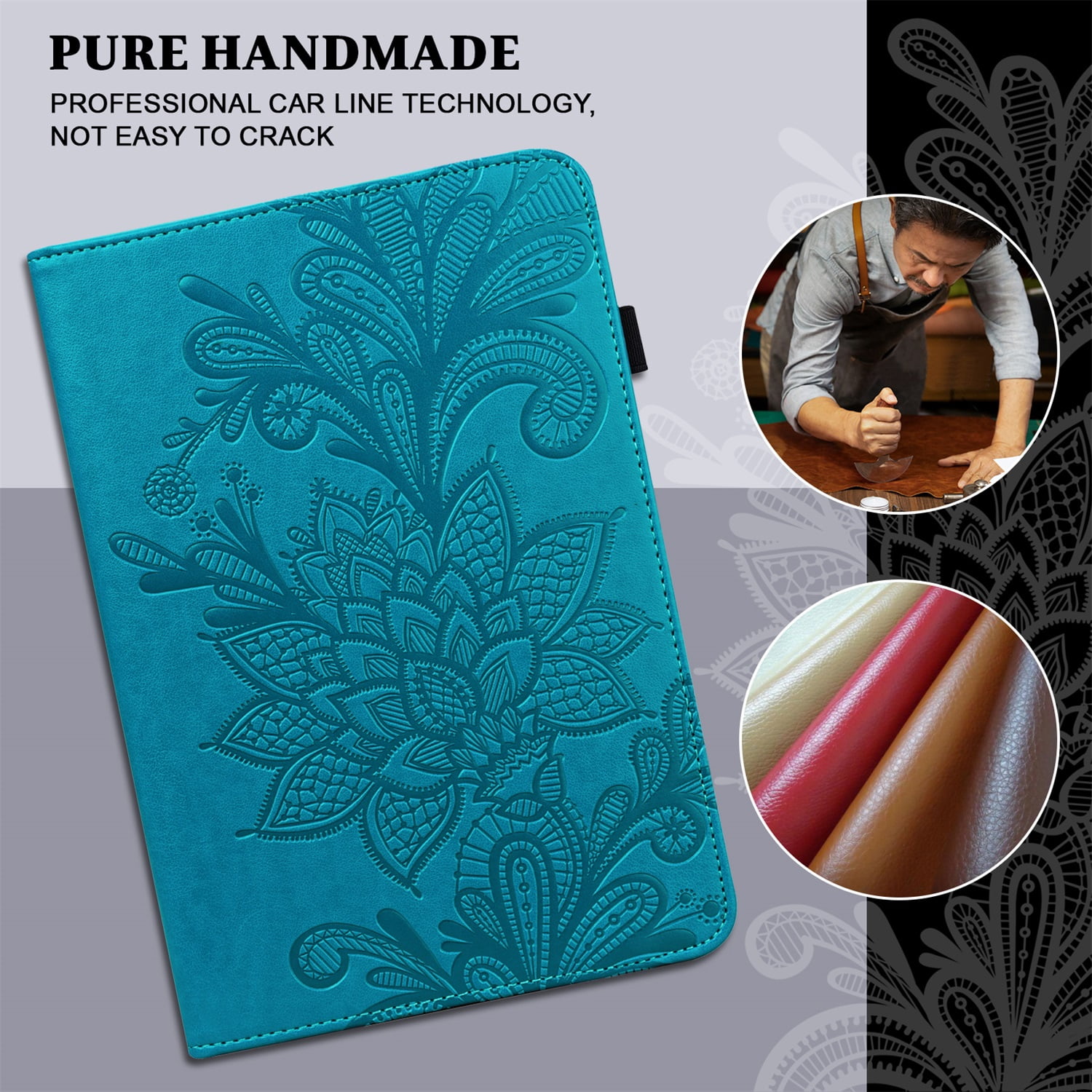SaniMore for iPad 10th Generation 10.9" 2022 Embossed Case, PU Leather Case with Card Slot & Kickstand Pencil Holder & Hand Strap Shockproof Protective Case for Women Girls, Blue