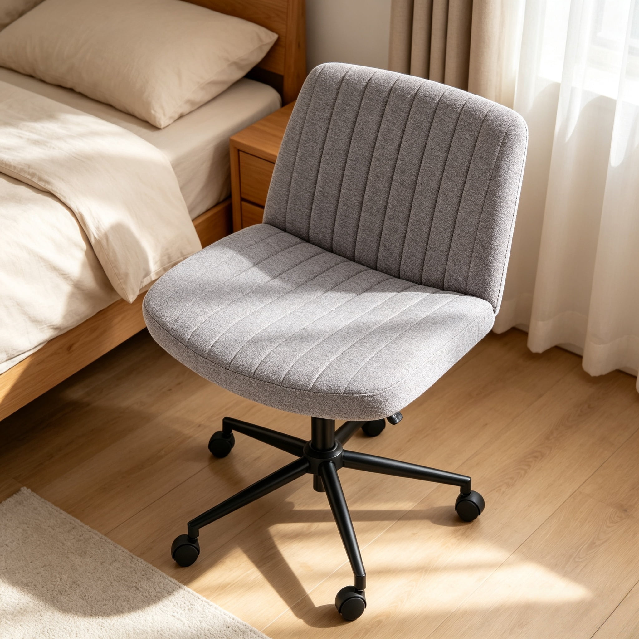 Office Desk and Vanity Chair, Armless Cross-Legged Swivel Task Chair with Wide Fabric Seat, Height Adjustment, and Replaceable Wheels or Fixed Base