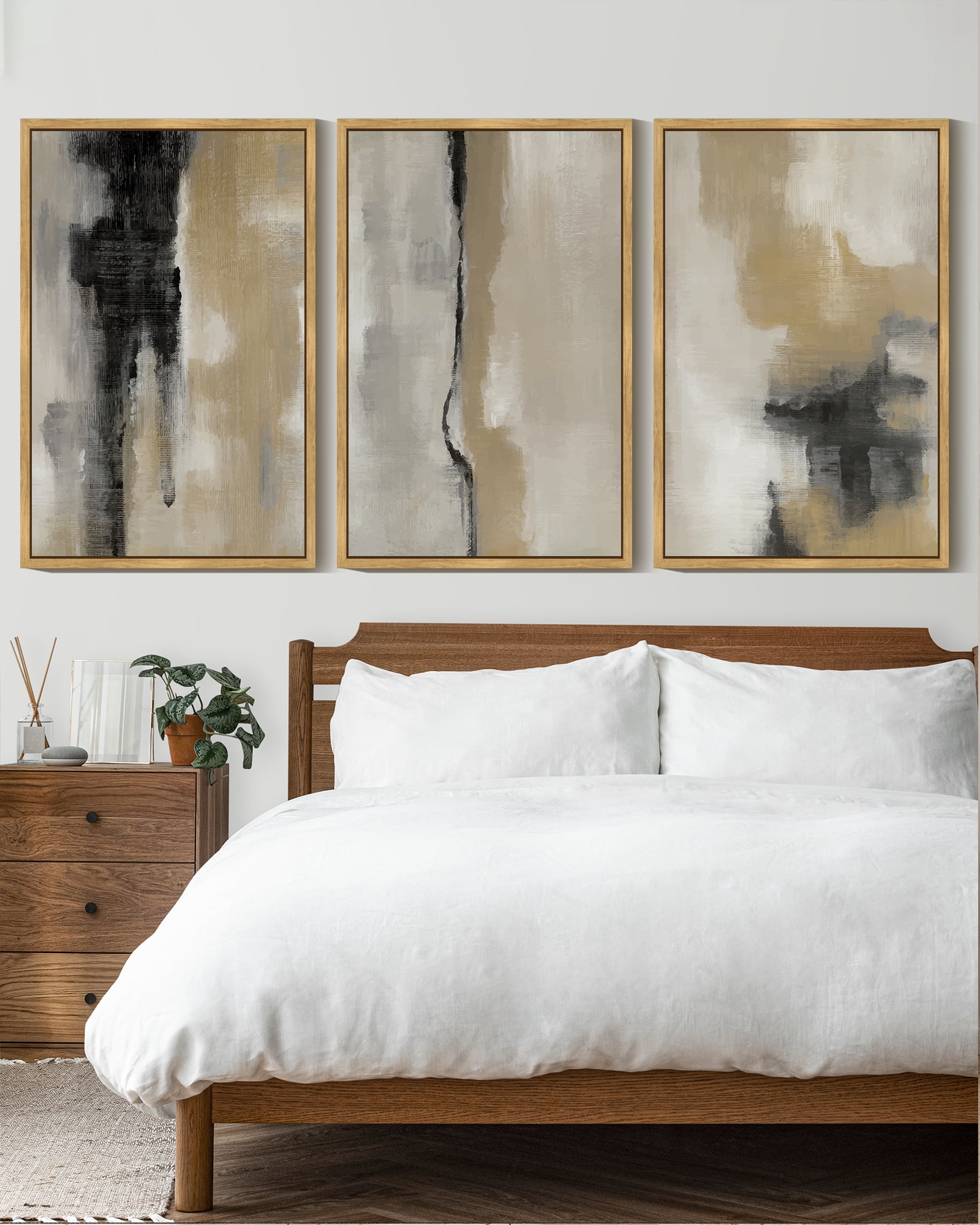 SHENIFY Abstract Wall Art 16x24in3pcs Natural Framed Tie-Dyed Shapes Abstract Illustrations Modern Minimalist Painting Decorative Artwork for Living Room Bedroom