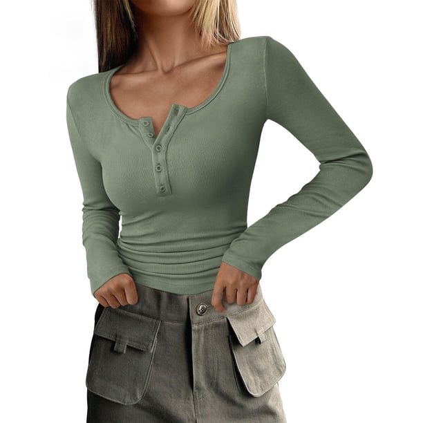 Camiseta PRETTYGARDEN para mujer, manga larga, otoño 2024, verde fruta