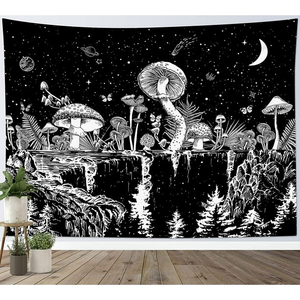 Black White Mushroom Tapestry Moon Mountain Forest Wall Tapestry Galaxy