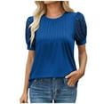 thumbnail image 1 of Staron Chemises d'Été pour Femmes Liquidation Couleur Unie Plissée Tendance Décontractée T-Shirts d'Été Habillés Mode Col Rond Ajouré Hauts Amples Manches Courtes Tunique, 1 of 7