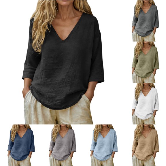 XAOFW Womens T Shirts Fashion Loose Fit Casual Short Sleeve V Neck Tees Summer Everyday Basic T-Shirts Comfortable Top L