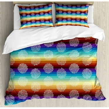 Aztec Queen Size Duvet Cover Set, Hippie Boho Horizontal Stripes Background in Various Tones and White Dotwork Circles, Decorative 3 Piece Bedding Set with 2 Pillow Shams, Multicolor, by Ambesonne
