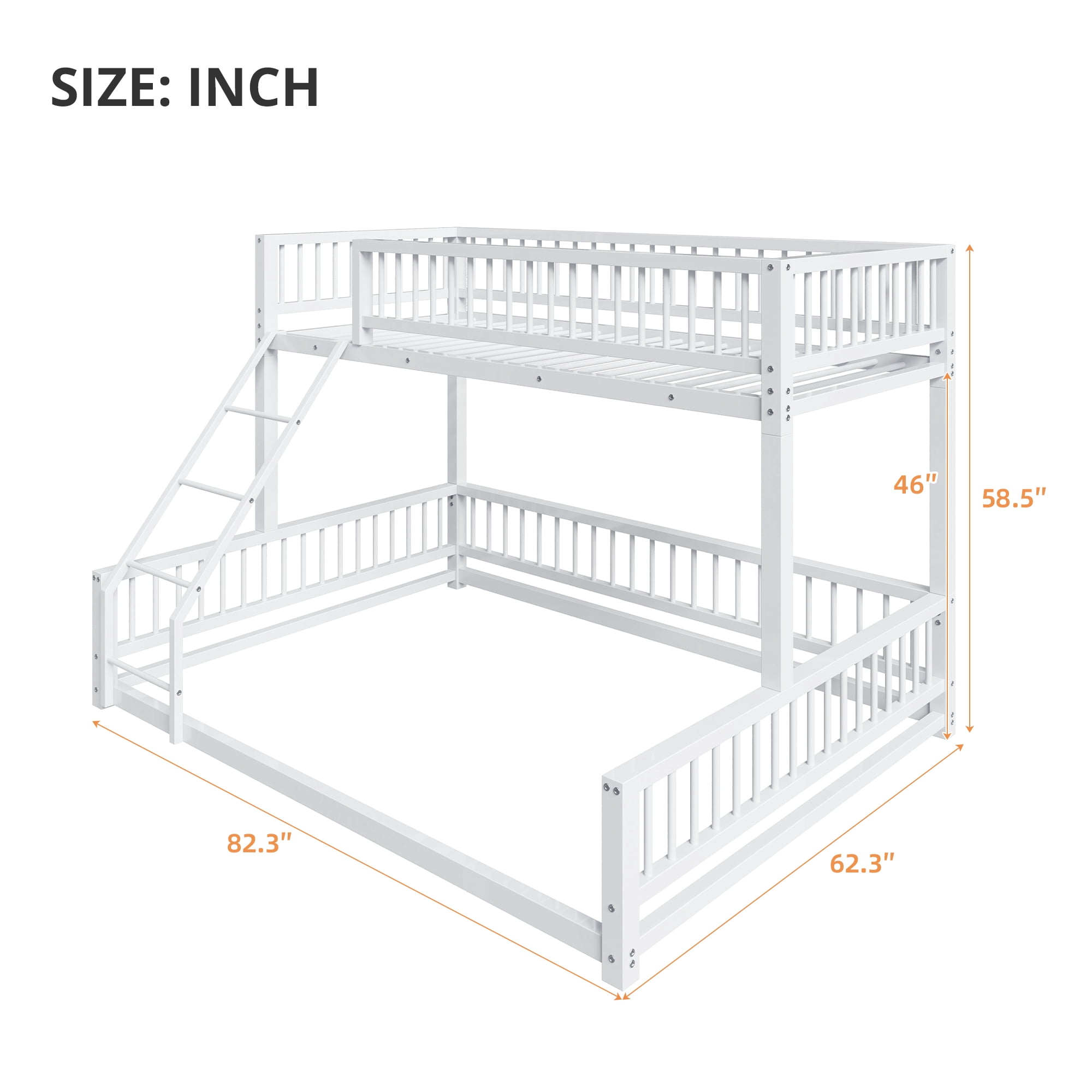 Leumius Twin XL over Queen Bunk Bed,Heavy Duty Metal Bunk Beds for Adults and Kids,Floor Bed Frame with Ladder and Safety Guardrails, Easy Assemble,White